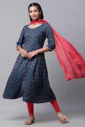 printed calf length rayon woven women's kurta set - blue