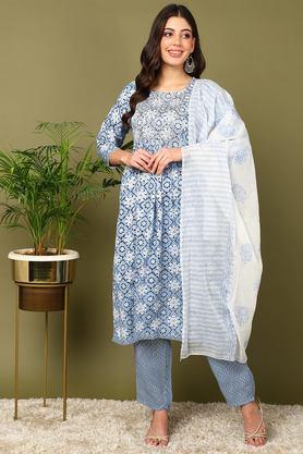 printed calf length rayon woven women's kurta set - blue