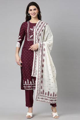printed calf length rayon woven women's kurta set - grape