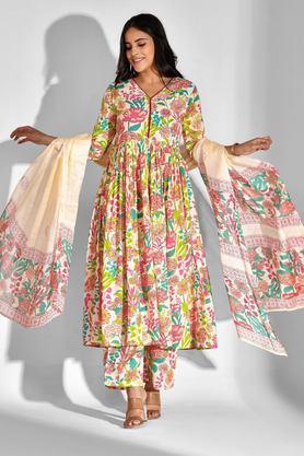 printed calf length rayon woven women's kurta set - natural