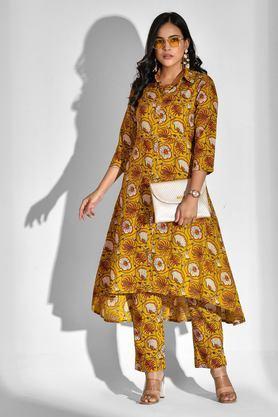 printed calf length rayon woven women's kurta set - yellow