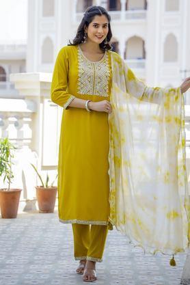printed calf length rayon woven women's kurta set - yellow