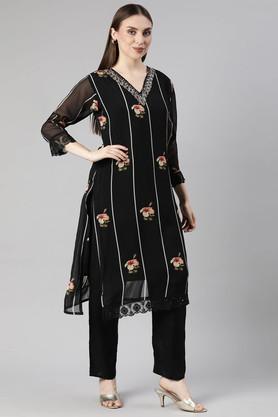 printed calf length satin woven women's kurta set - black