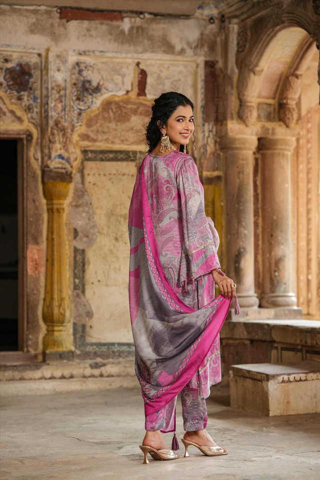 printed calf length satin woven women's kurta set - pink