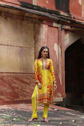 printed calf length satin woven women's mirror work kurta with churidar - yellow