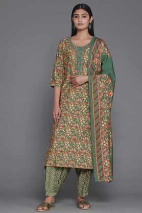 printed calf length silk blend woven women's kurta set - green