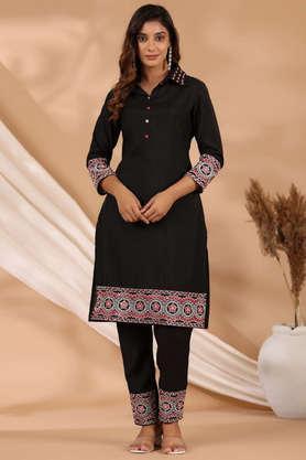 printed calf length silk women's kurta set - black