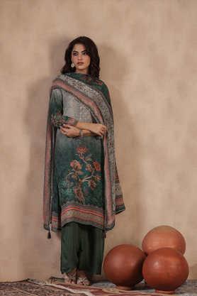 printed calf length silk women's kurta set - green