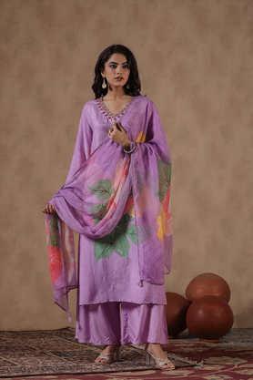 printed calf length silk women's kurta set - lavender