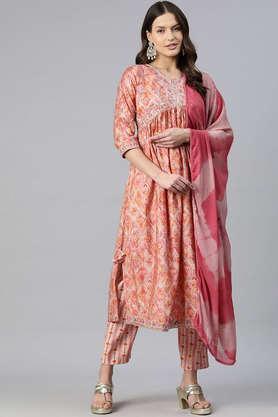 printed calf length silk women's kurta set - pink