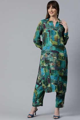 printed calf length silk women's kurta set - sea green