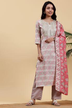 printed calf length silk woven women's kurta set - natural