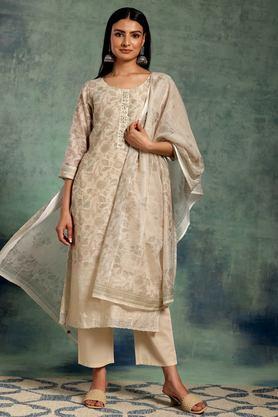 printed calf length silk woven women's kurta set - natural