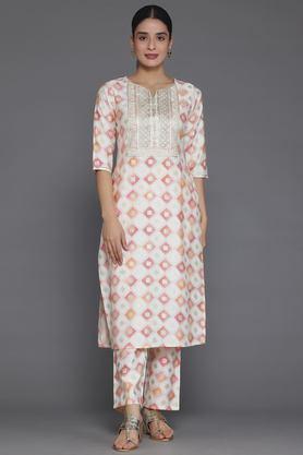 printed calf length silk woven women's kurta set - off white