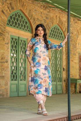 printed calf length silk woven women's kurta set - peach