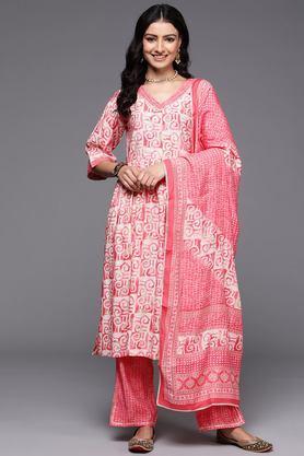printed calf length silk woven women's kurta set - peach
