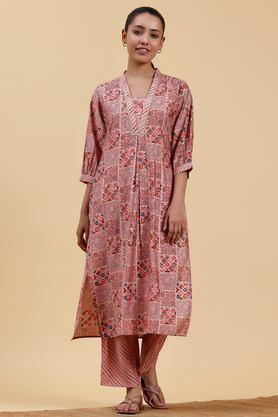 printed calf length silk woven women's kurta set - peach