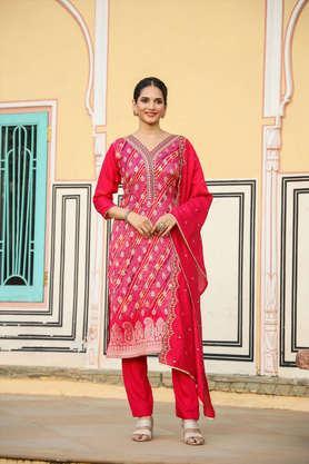 printed calf length silk woven women's kurta set - pink