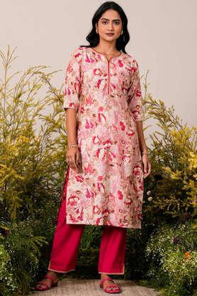 printed calf length silk woven women's kurta set - pink