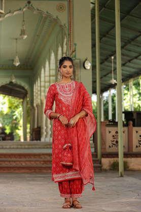 printed calf length silk woven women's kurta set - red