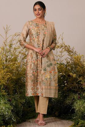 printed calf length silk woven women's kurta set - taupe