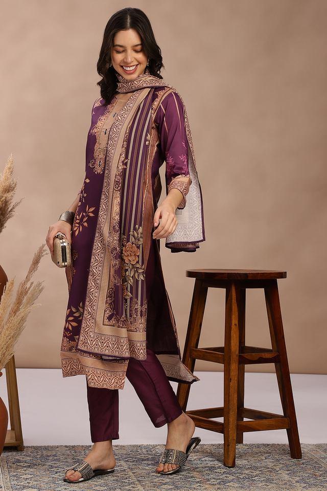 printed calf length silk woven womens kurta set