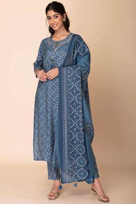 printed calf length viscose woven women's kurta pant dupatta set - blue