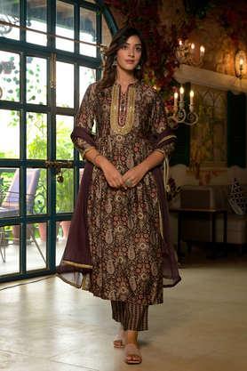printed calf length viscose woven women's kurta set - brown