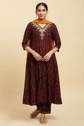 printed calf length viscose woven women's kurta set - brown