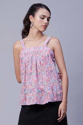 printed cambric square neck women's top - pink