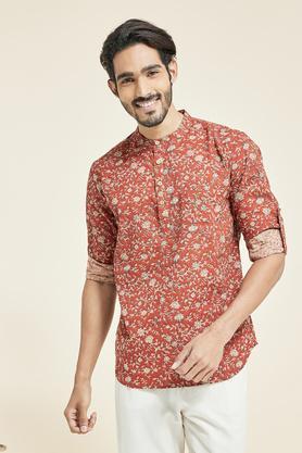 printed chambray mens casual wear kurta - red