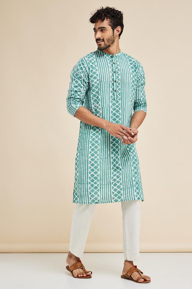 printed chambray mens casual wear kurta - sage