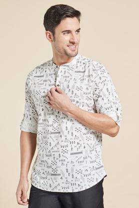 printed chambray mens casual wear kurta - white