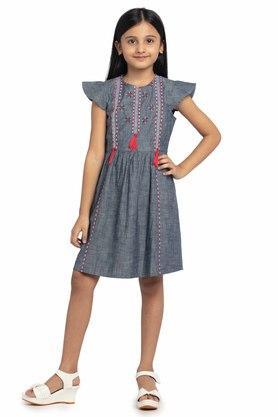 printed chambray round neck girls fusion wear dresses - blue