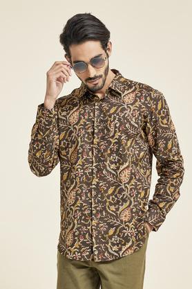 printed chambray slim fit mens shirt - brown