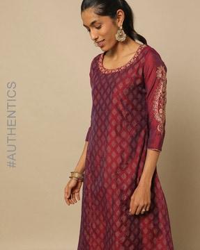 printed chanderi a-line kurta with hand embroidery