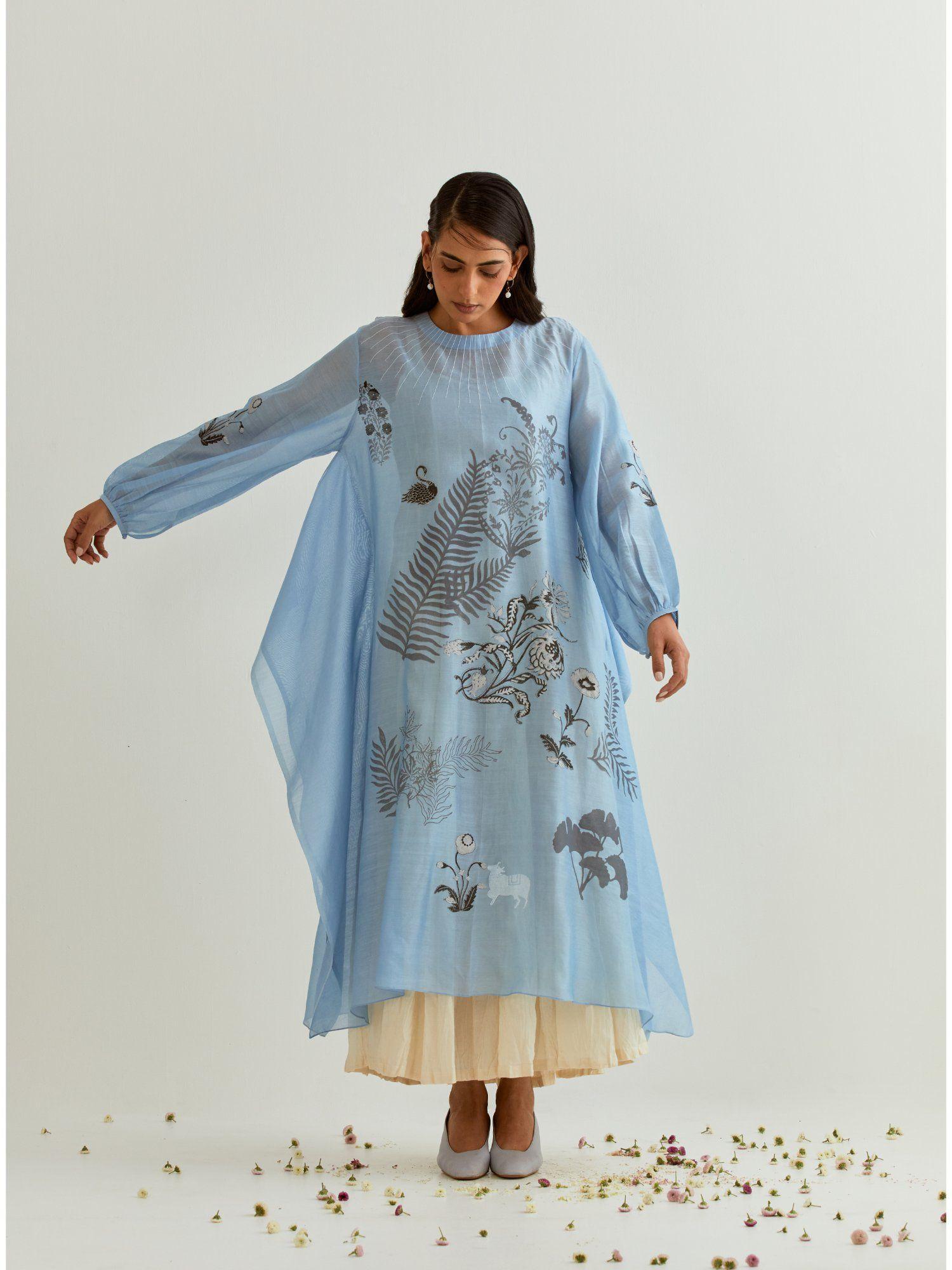 printed chanderi blue kurta with inner (set of 2)