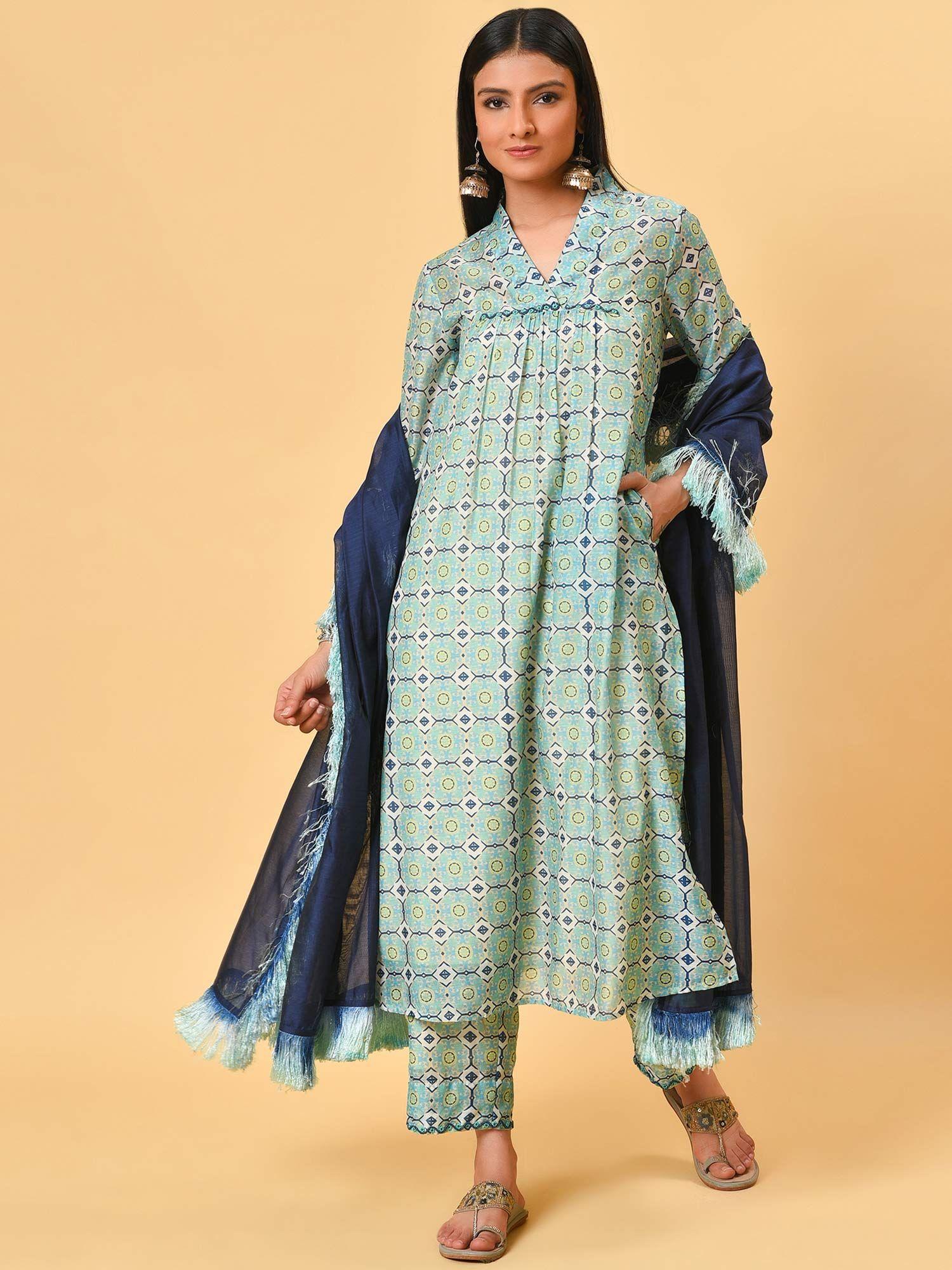 printed chanderi kurta and pant with dupatta (set of 3)