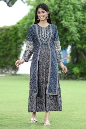 printed chanderi round neck women's kurta - grey