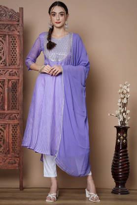 printed chanderi round neck women's kurta dupatta set - purple