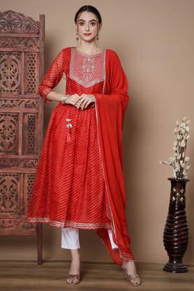 printed chanderi round neck women's kurta dupatta set - red