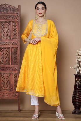 printed chanderi round neck women's kurta dupatta set - yellow