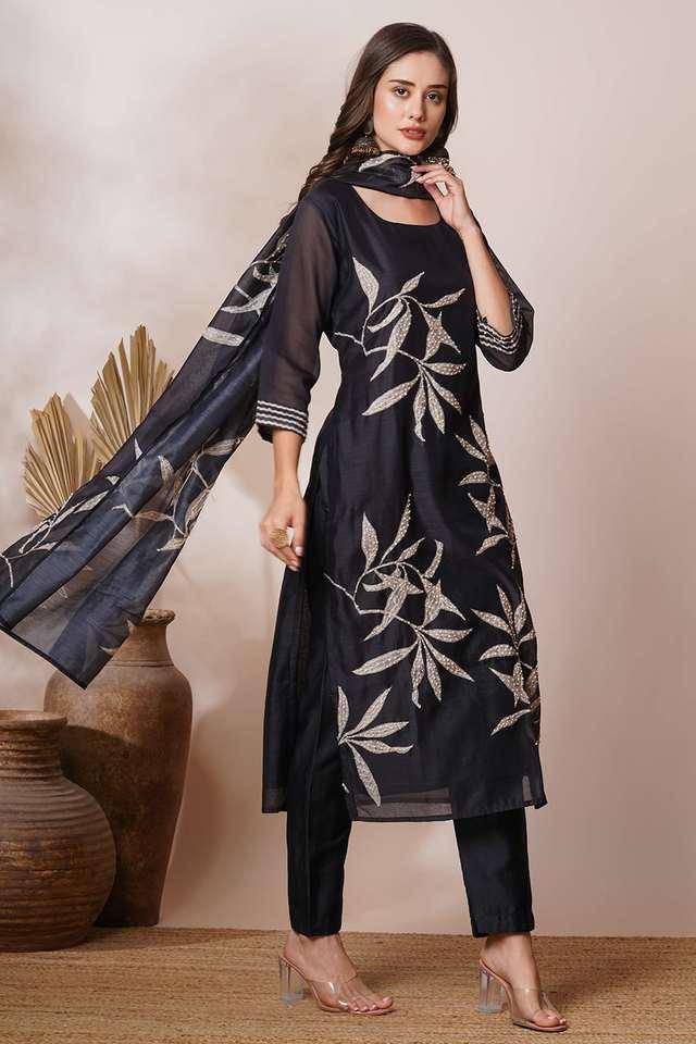 printed chanderi round neck womens kurta with pant and dupatta