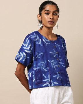 printed chanderi top with patch pockets