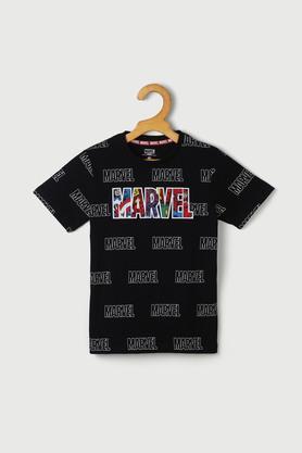 printed character cotton round neck boys t-shirt - black