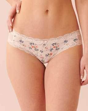 printed cheekinis with lace hem