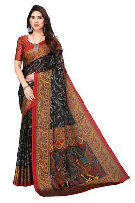 printed chiffon designer women's saree with blouse piece - black