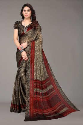 printed chiffon designer women's saree with blouse piece - brown