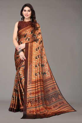 printed chiffon designer women's saree with blouse piece - brown