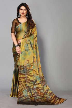 printed chiffon designer women's saree with blouse piece - brown